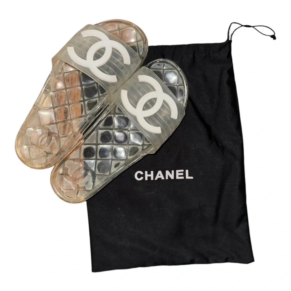 CHANEL Transparent Jelly Slide Sandals with White CC Logos